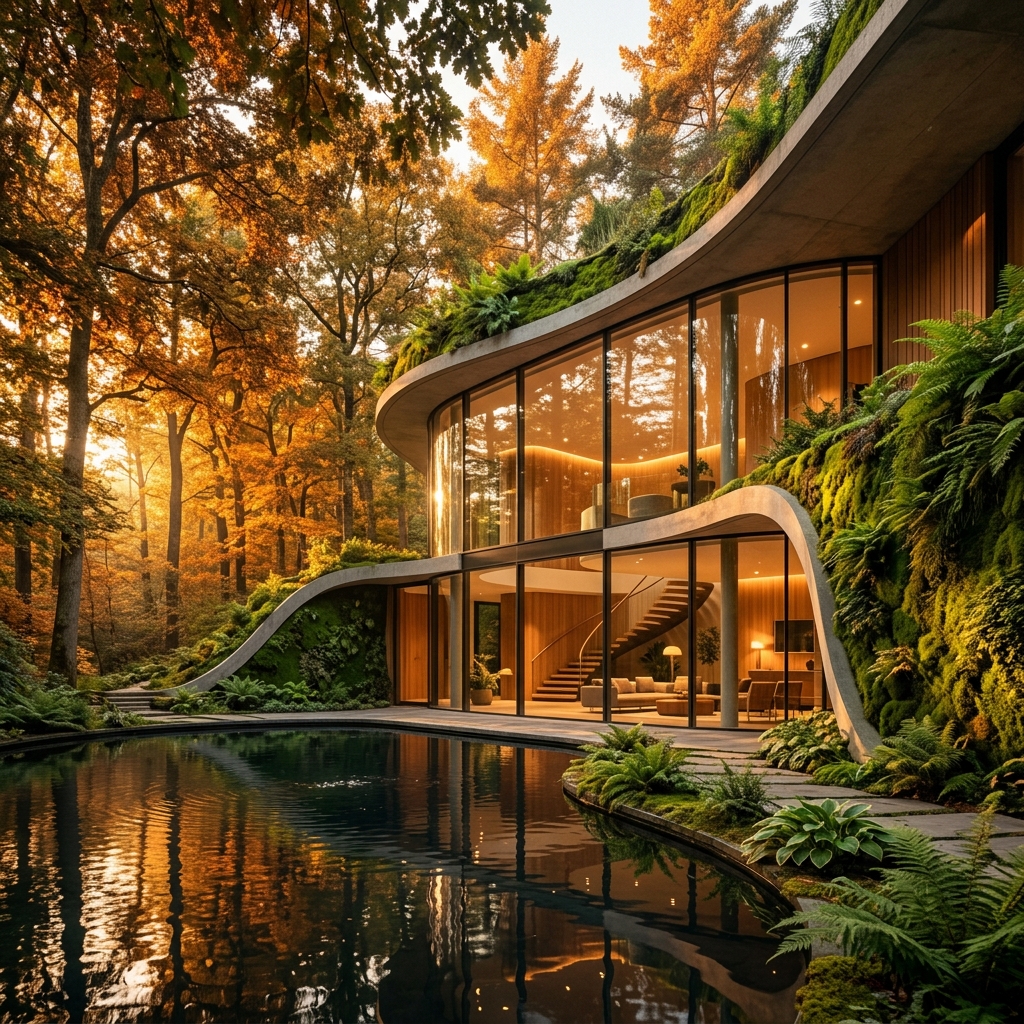 Biophilic glass house nestled in a forest at golden hour